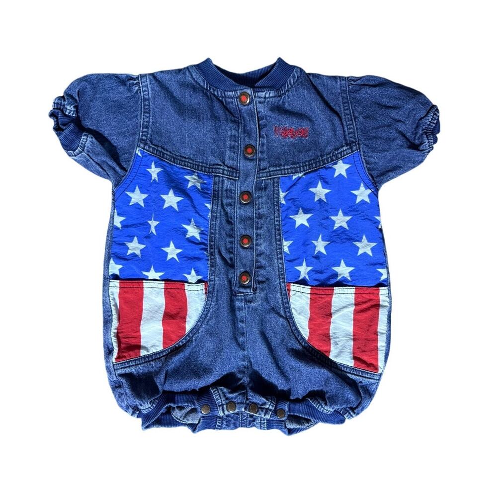 Vintage 90s Weebok Denim American Flag Toddler Romper Size 24 months